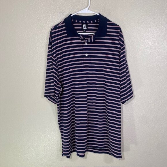 FootJoy Golf Polo Shirt Mens XL Navy Pink Striped Polyester Stretch Knit FJ - Picture 1 of 5